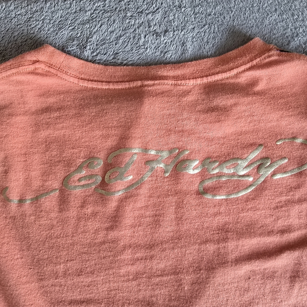 Ed Hardy Coral Pink and Olive Green Long Sleeve Layered Tee - Picture 11 of 14